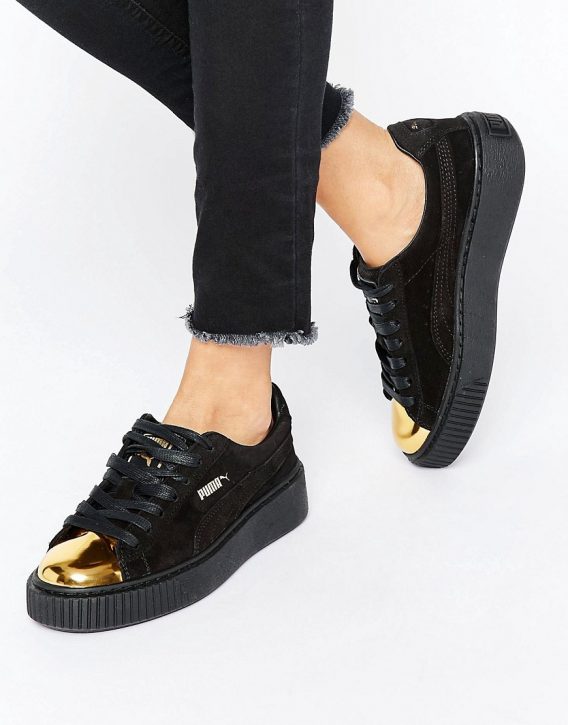Puma Suede Platform Sneakers In Black With Gold Toe Cap 1