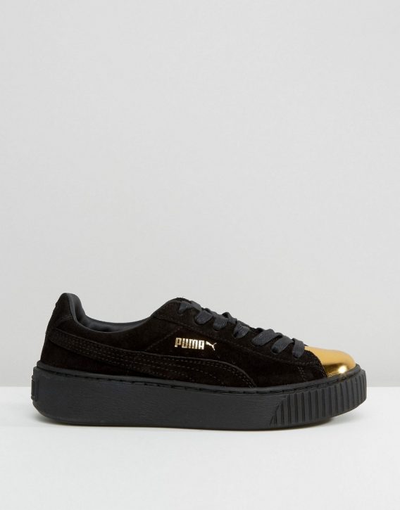 Puma Suede Platform Sneakers In Black With Gold Toe Cap 2