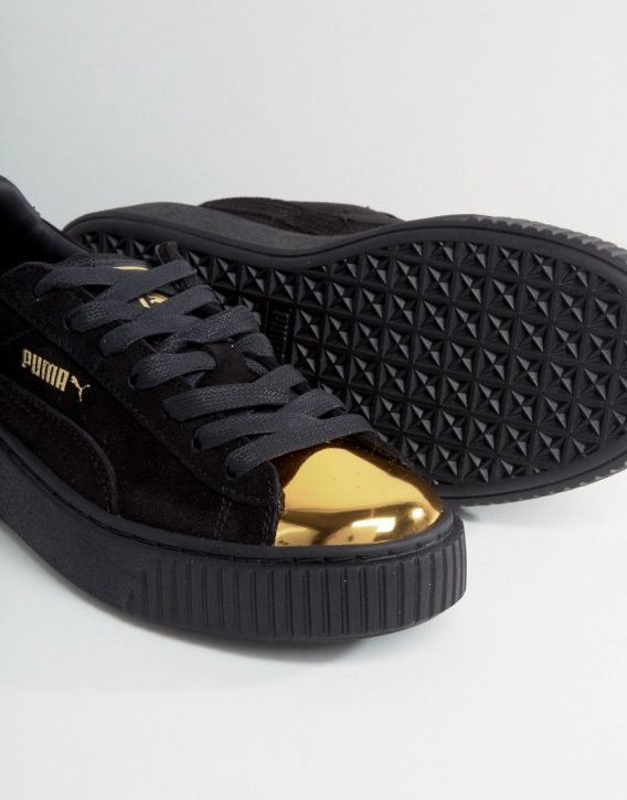Puma Suede Platform Sneakers In Black With Gold Toe Cap 4